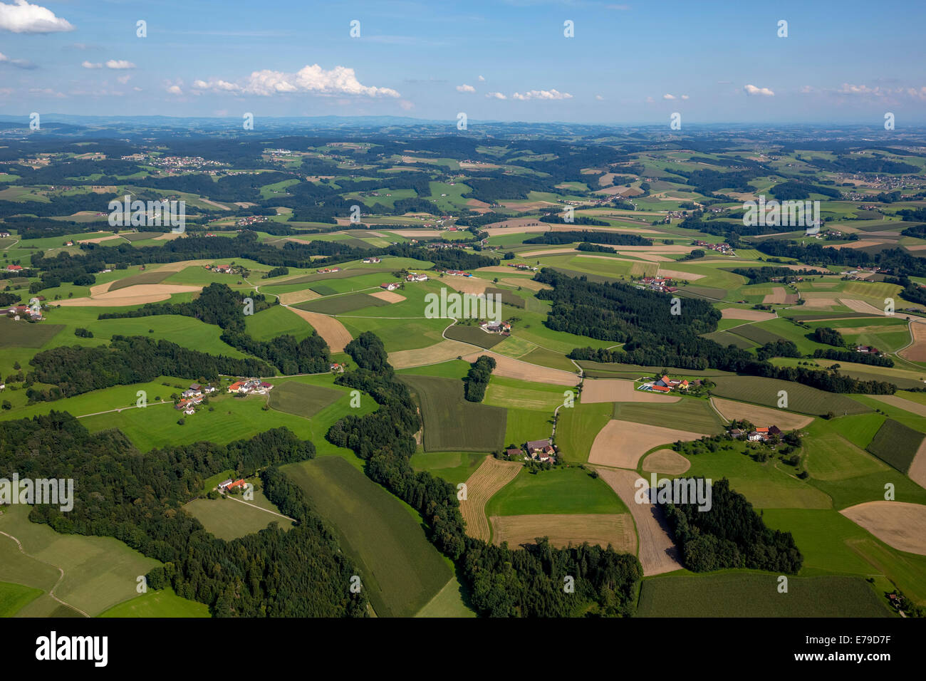 Aerial view, fields and meadows, alpine upland, Taufkirchen an der Pram, Upper Austria, Austria Stock Photo