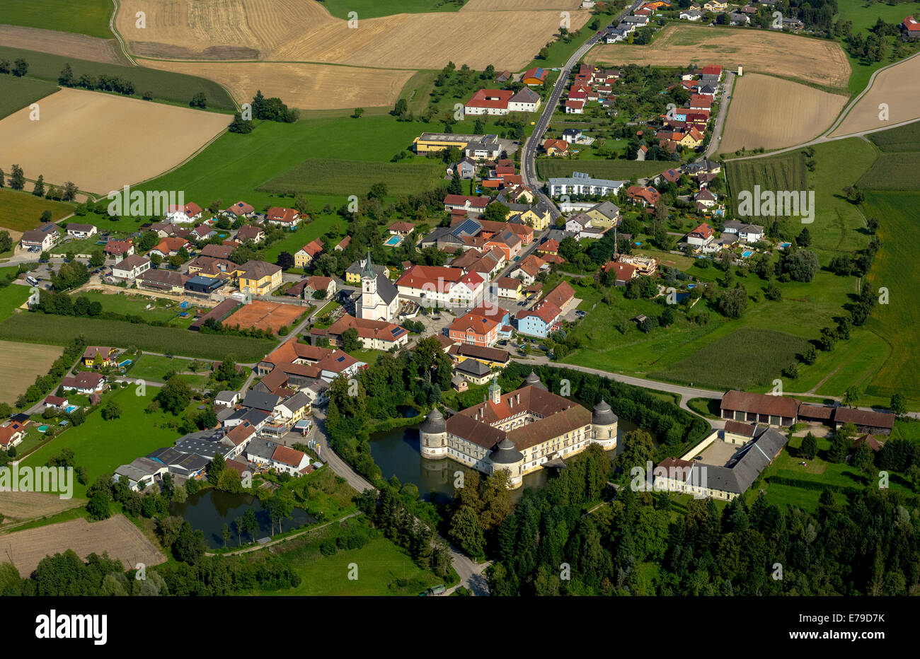 Aerial view, Schloss Aistersheim, moated castle from the late Renaissance, Aistersheim, Upper Austria, Austria Stock Photo