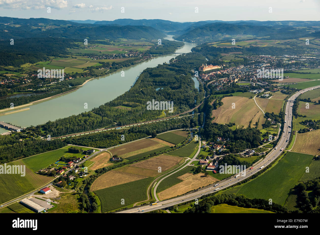 Aerial view, Danube, Melk, Wachau, Lower Austria, Austria Stock Photo
