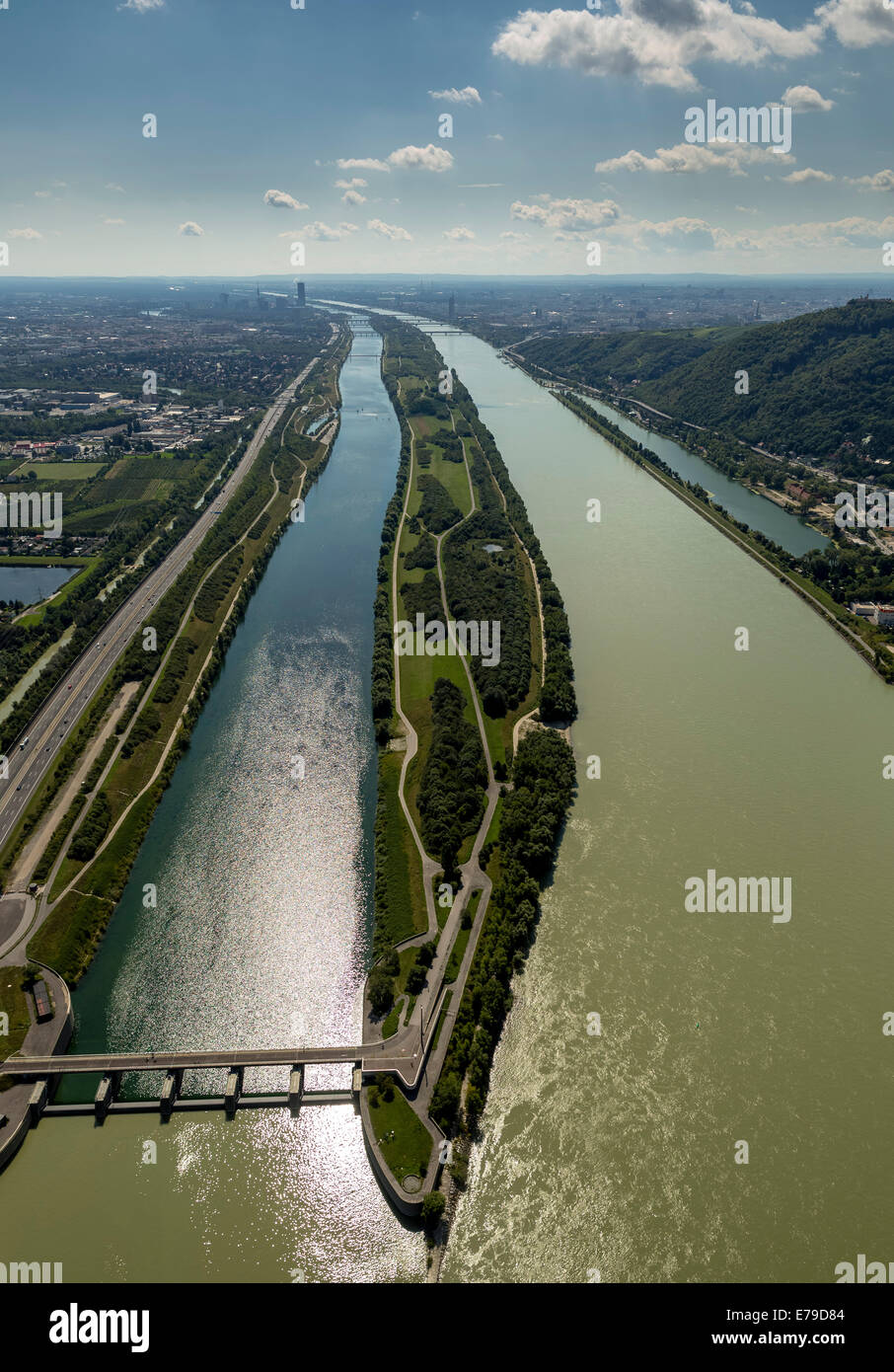 Aerial view, Danube island, Danube and relief canal, intake structure