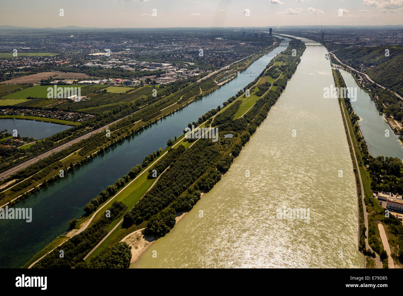 Aerial view, Danube island, Danube and relief canal, intake structure, Langenzersdorf, Lower Austria, Austria Stock Photo