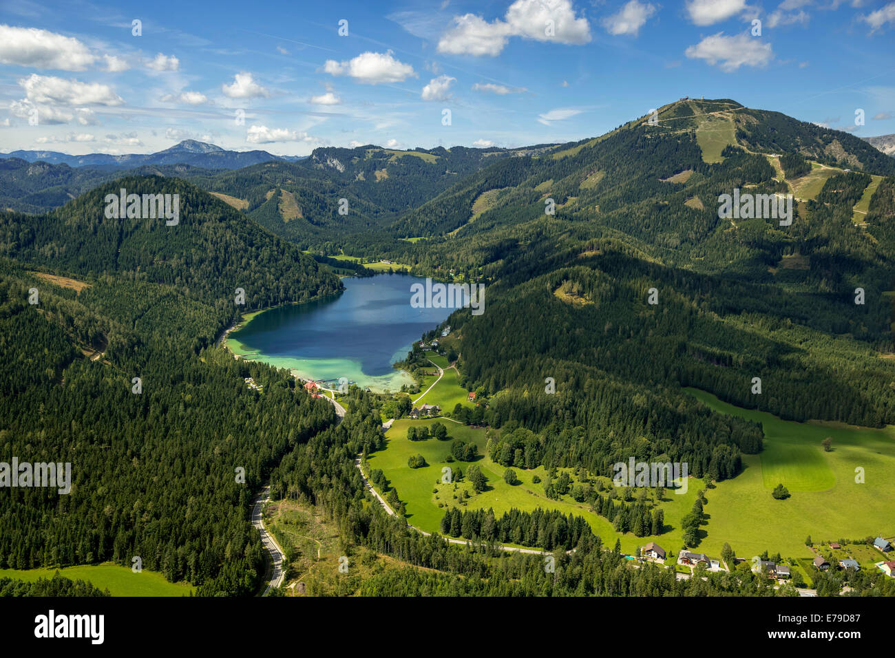 Aerial view, Erlaufsee with Mt. Gemeindealpe, St. Sebastian, Styria, Austria Stock Photo