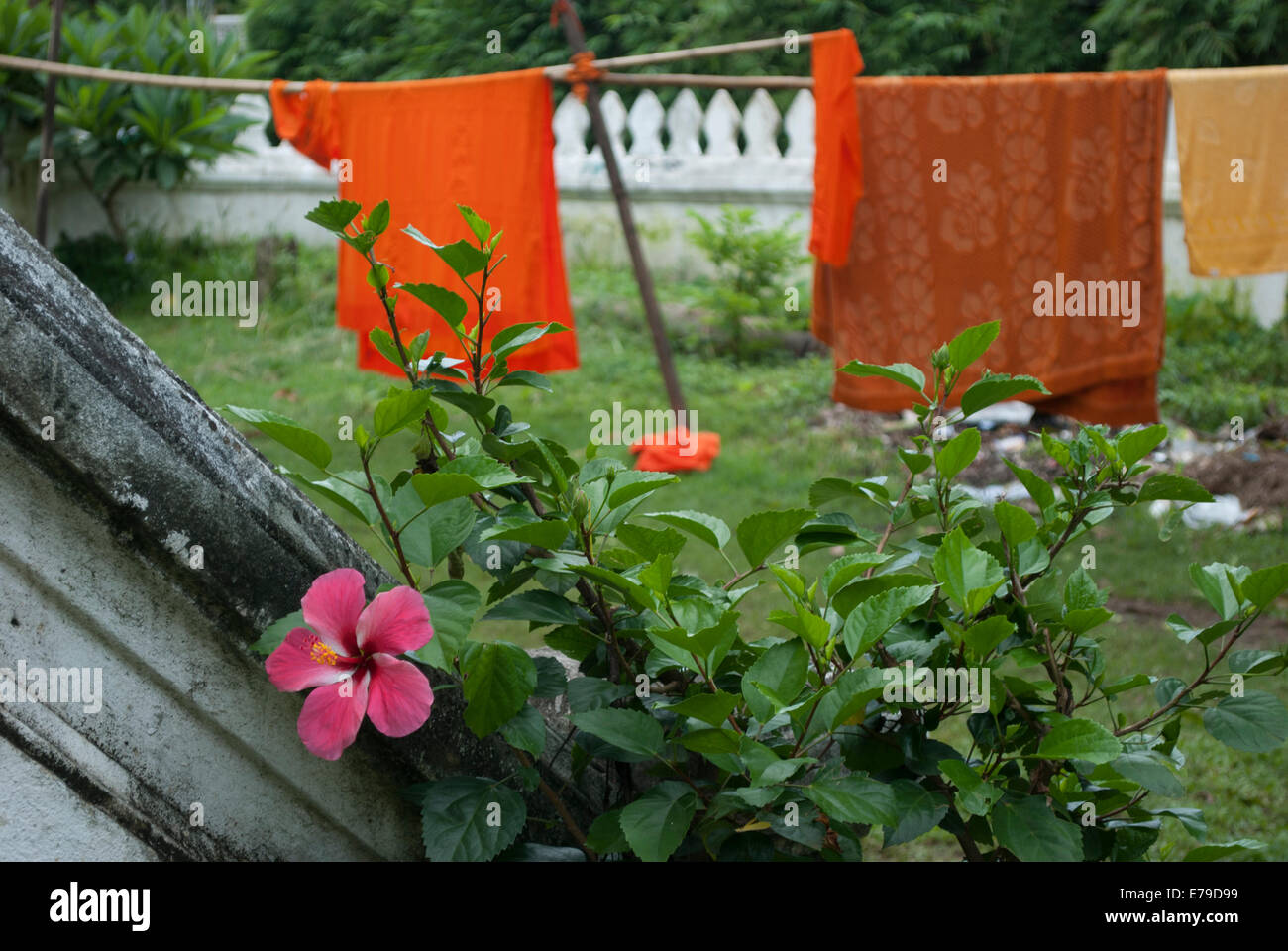 Monks' robes drying on a line in Luang Prabang, Laos. Stock Photo