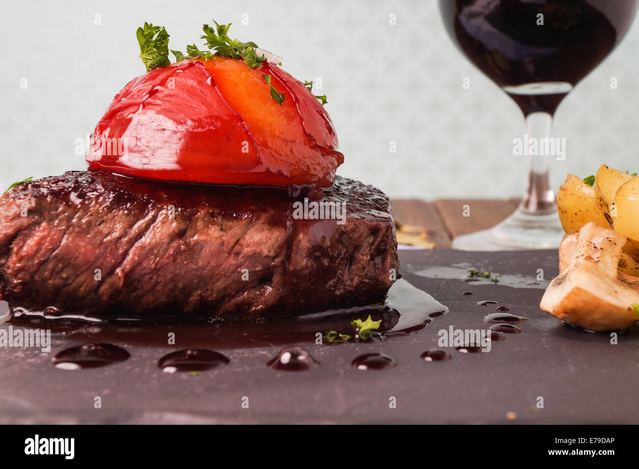 Sirloin steak with roasted potatoes and mushrooms Stock Photo - Alamy