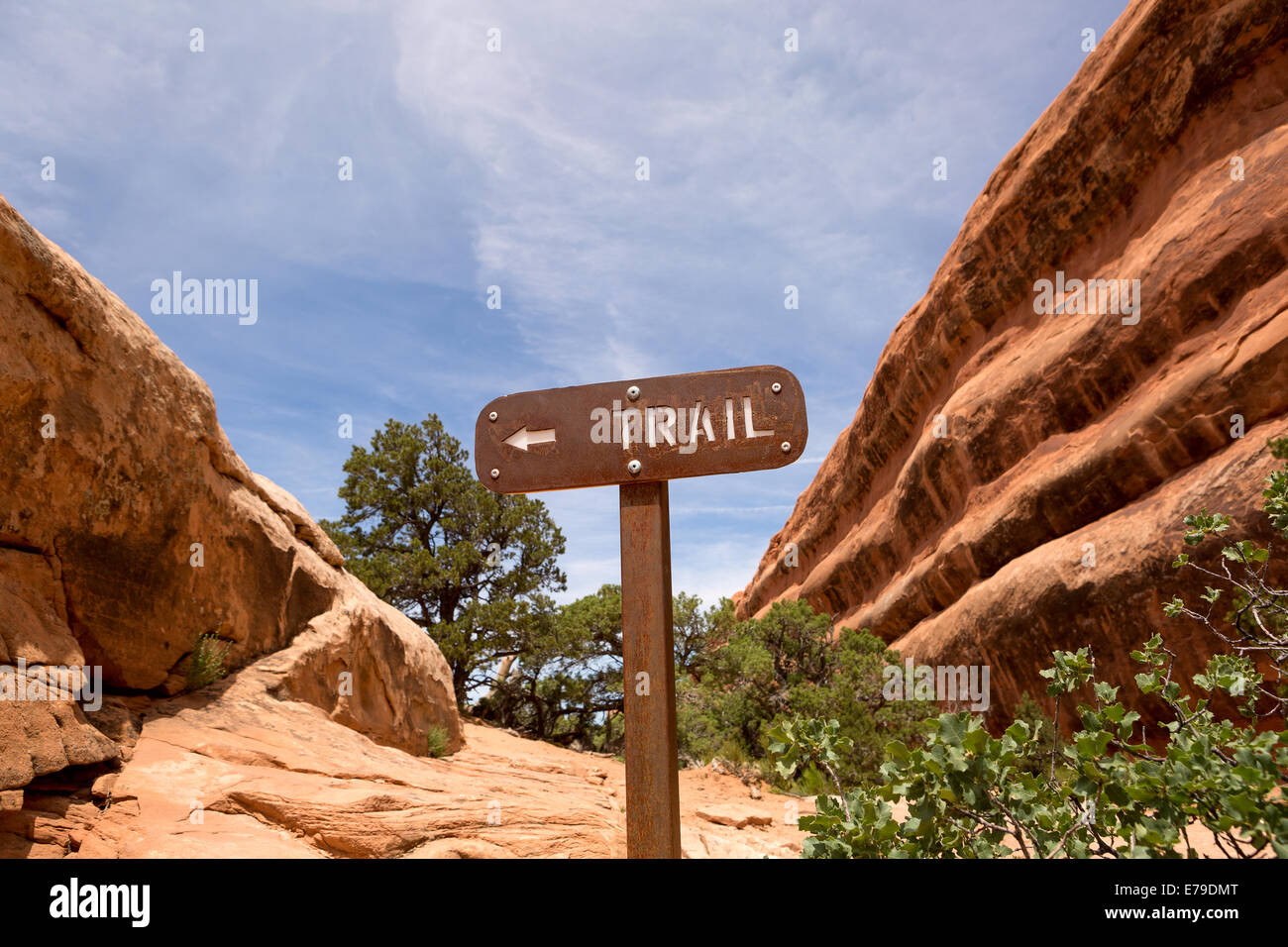 rusty backcountry trail sign in Arches National Park Utah Stock Photo