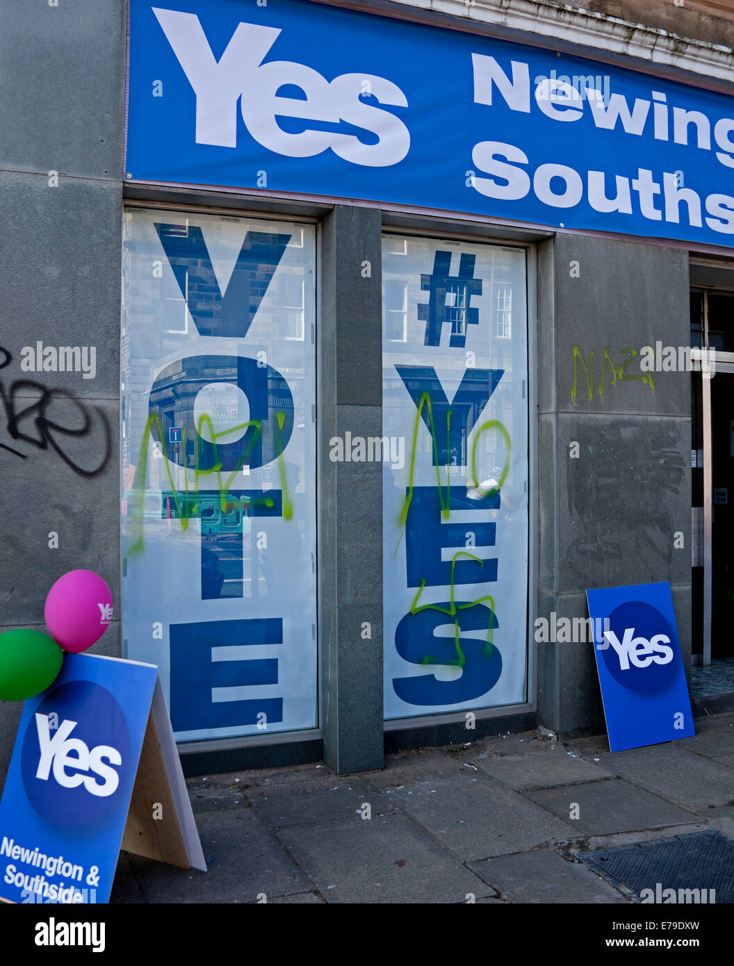 Edinburgh, Scotland,UK. 10th Sept. 2014. Independence Referendum, shop for Yes campaign daubed with nazi swastika and no slogans, in Newington, the premises were only opened yesterday at 3pm. Stock Photo