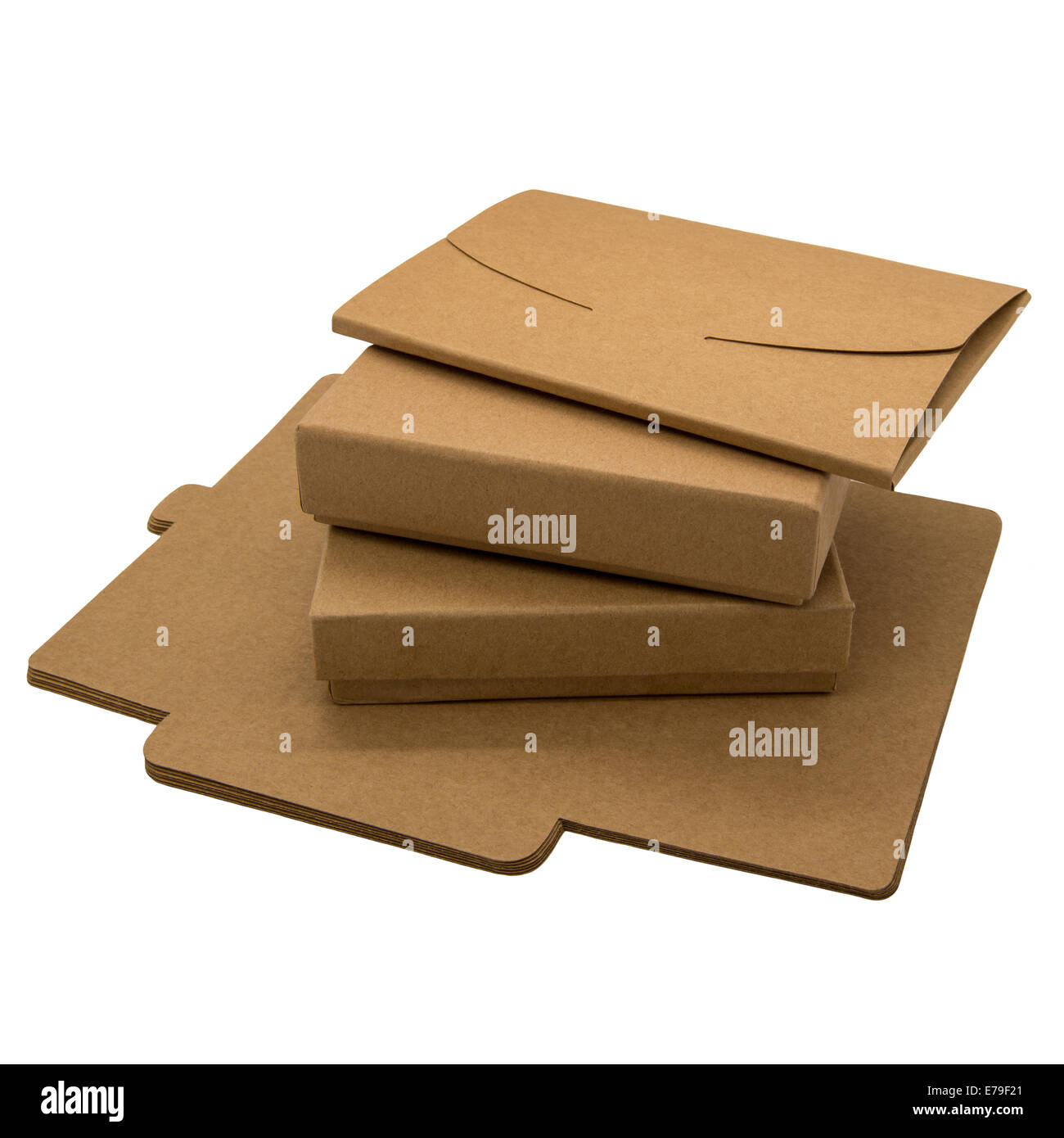 Foldable brown paper boxes and envelopes on a white background
