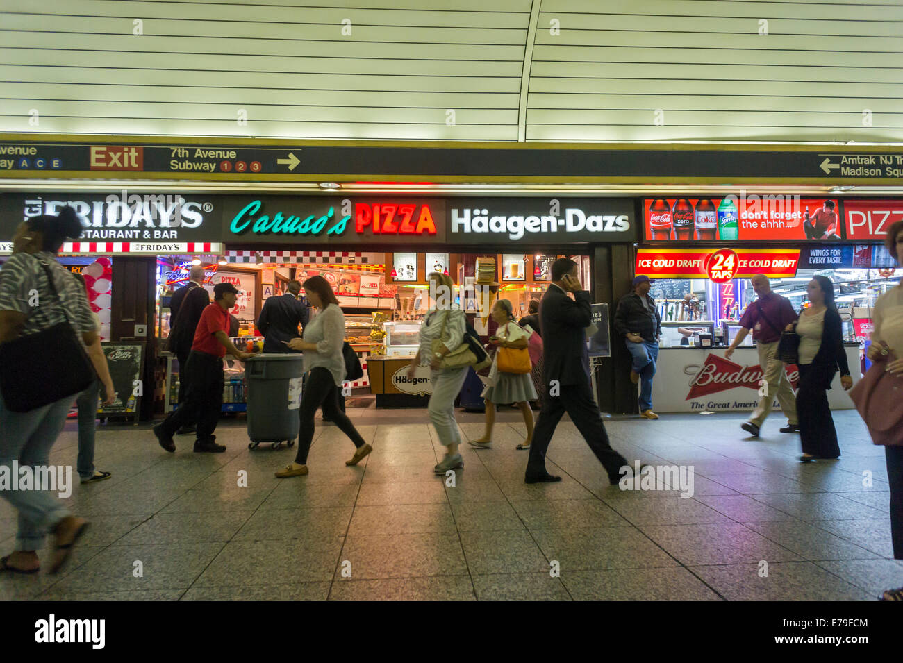 Restaurants and fast food establishments on the LIRR concourse in Pennsylvania Station in New