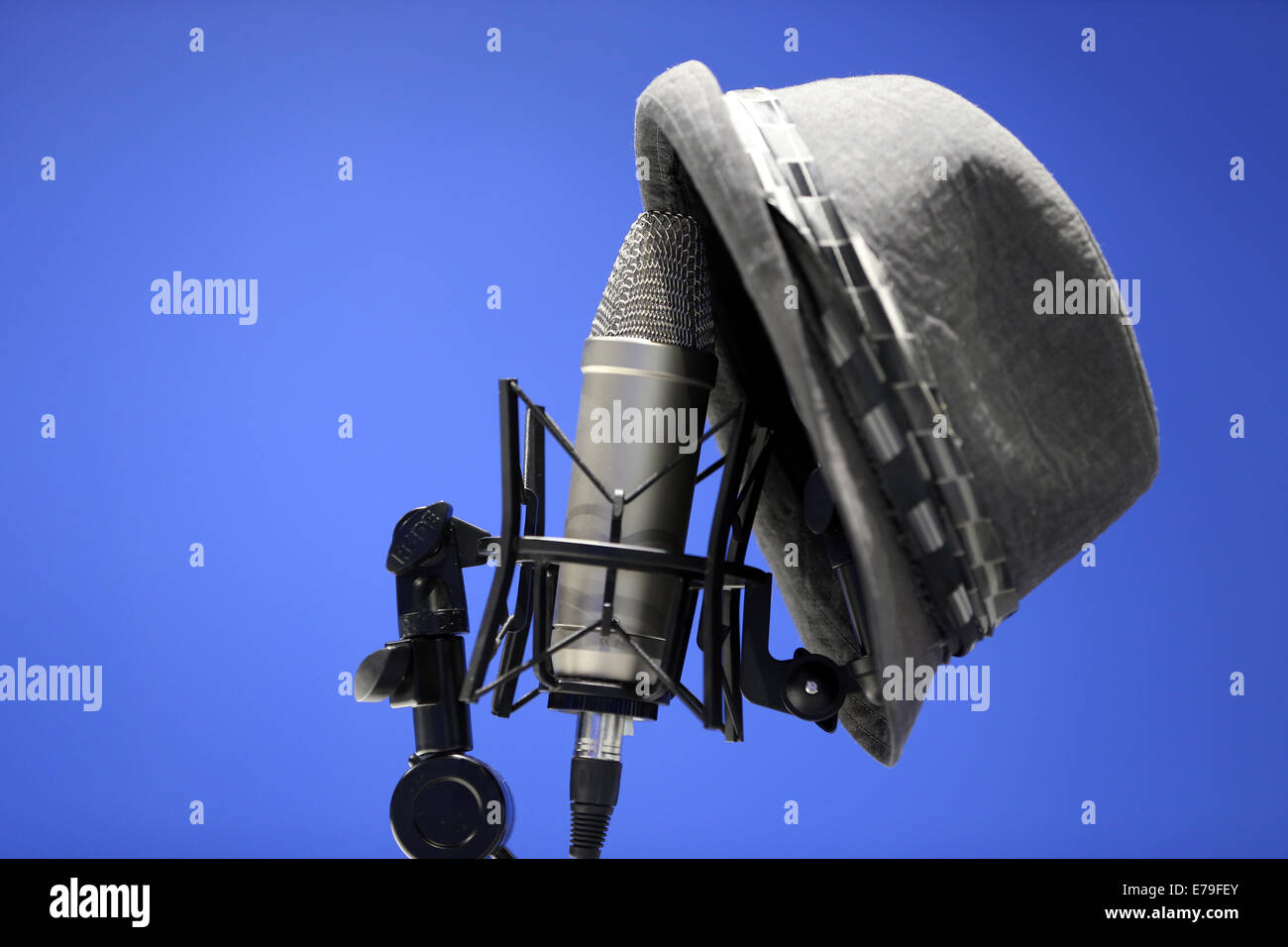 Trilby hat on microphone stand in the studio Stock Photo