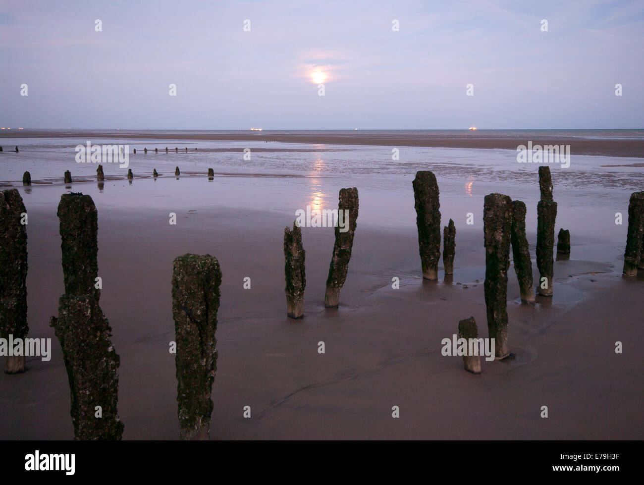 Low Tide at Night At Winchelsea Beach East Sussex England UK Stock