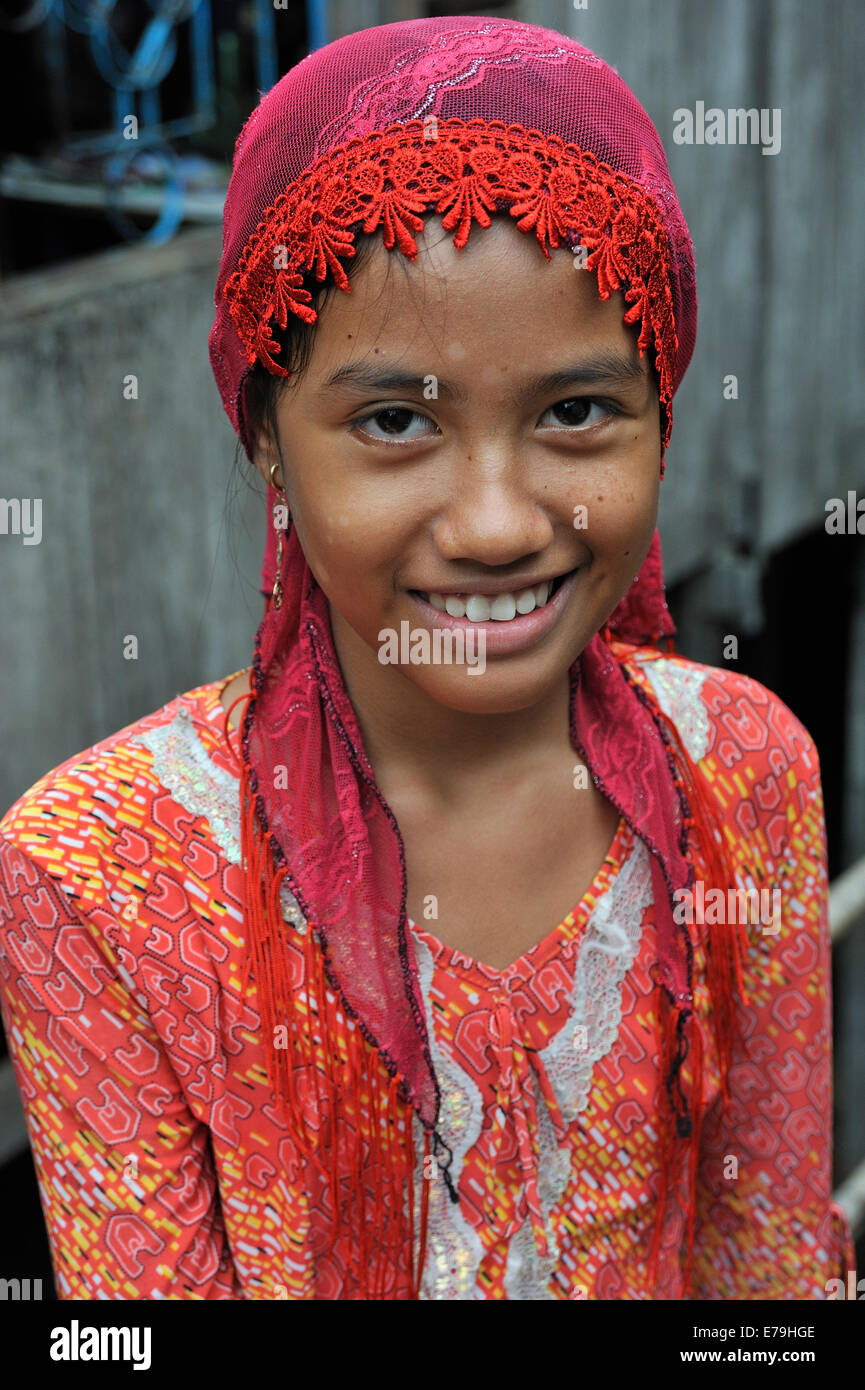Smiling girl from the Cham muslim village, Chau Doc, Vietnam, Southeast Asia Stock Photo