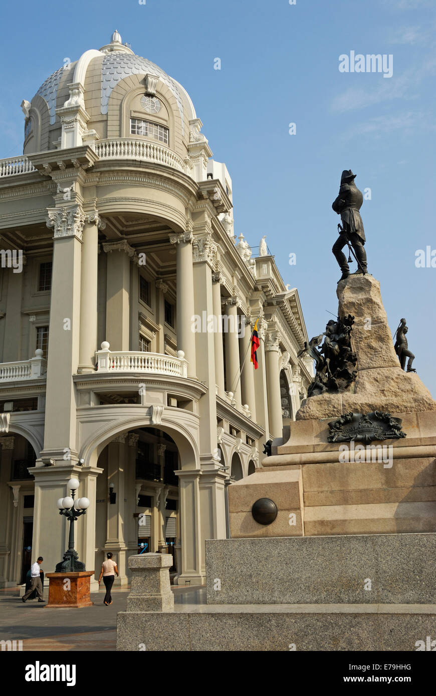Statue of Mariscal Sucre in front of the City Hall building, Guayaquil, Ecuador, South America Stock Photo