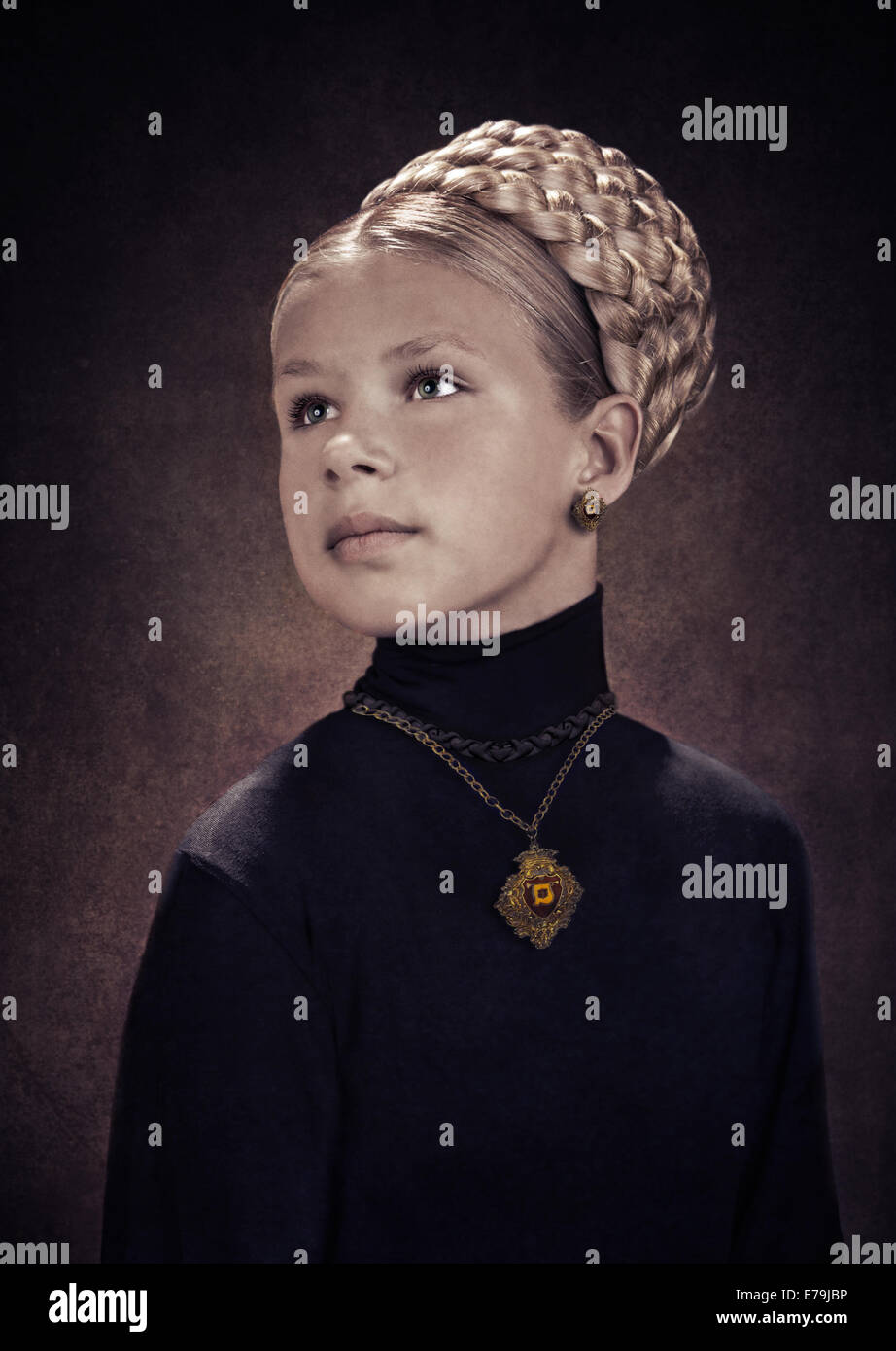 studio portrait of a young girl stylized as the dark age painting Stock Photo