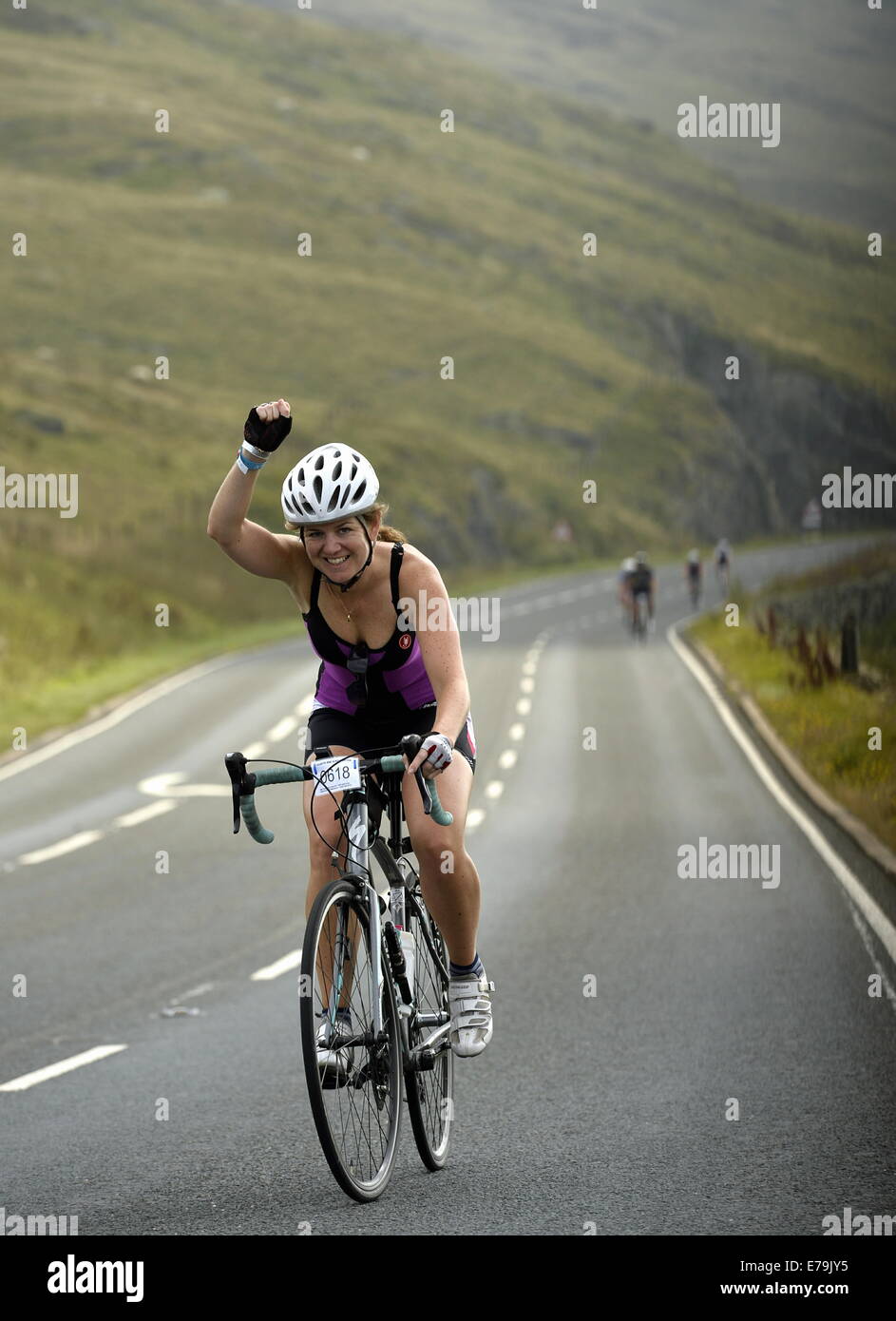 Cumbria, UK. 10th Sep, 2014. UK road cycling. Day Five of the Deloitte Ride Across Britain. Riders tackle the climb up Shap Fell on the A6 in Cumbria. The 104 mile stage started at Haydock Park and ended at Hutton in the Forrest near Penrith, Cumbria: 10 September 2014  Credit:  STUART WALKER/Alamy Live News Stock Photo