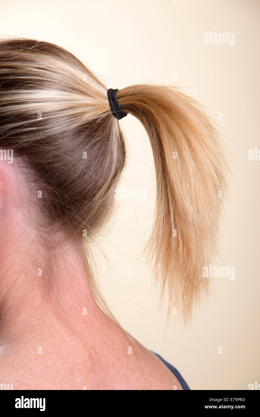 Woman With Ponytail Hairstyle Tied Back With A Rubber Band Stock Photo 