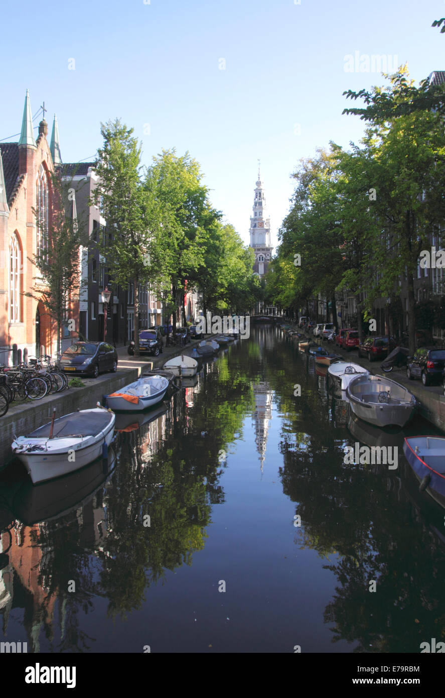 Groenburgwal Canal towards spire of Zuiderkerk church Amsterdam Stock Photo