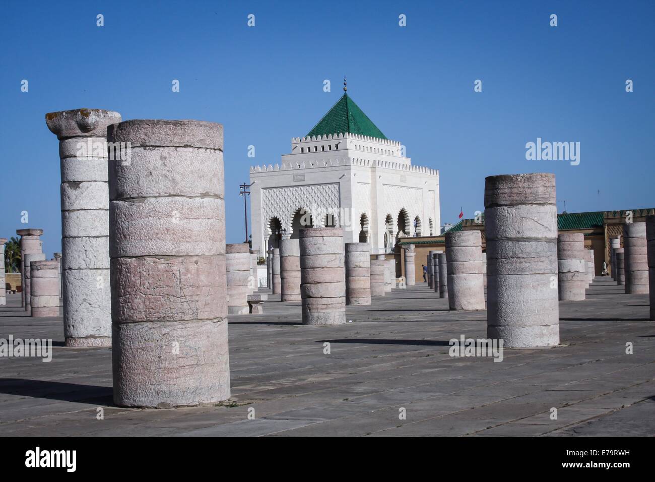 Pillars - Ancient pillars and Mausoleum in Rabat Morocco Stock Photo