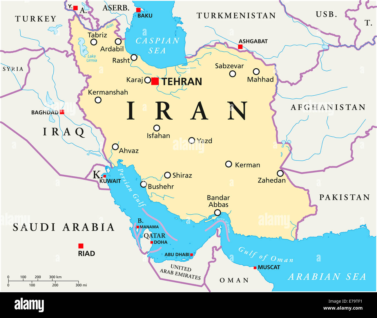 Iran Political Map with capital Tehran, national borders, most important cities, rivers and lakes. English labeling and scaling. Stock Photo