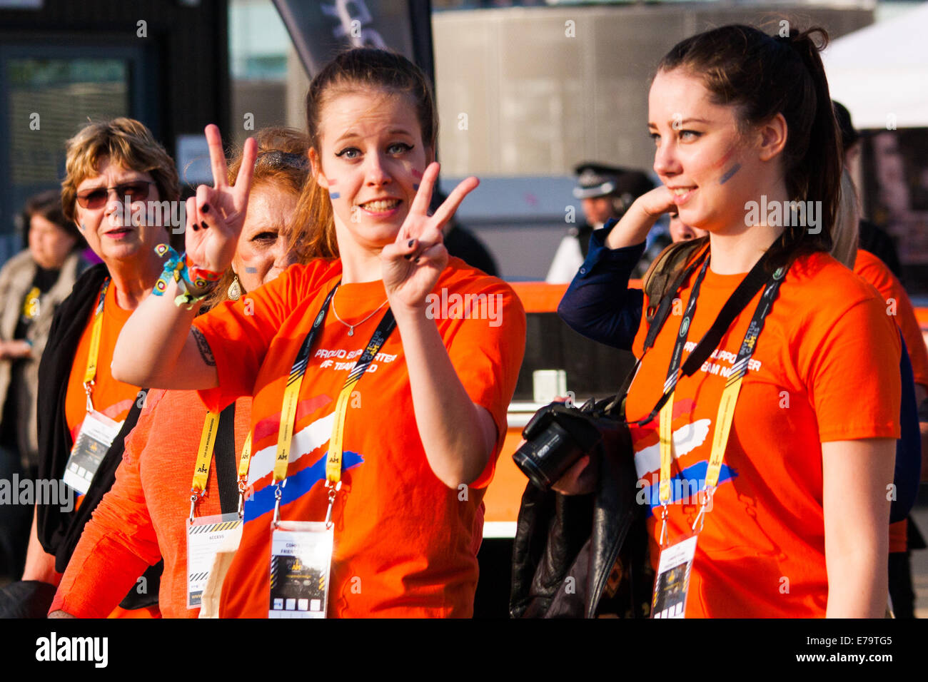 Queen Elizabeth Olympic Park, London, UK. 10th Sep, 2014. Dutch supporters heaf for the opening ceremony for the Invictus Games, where over 400 competitors from 13 nations will take part in an international sporting event for wounded, injured and sick Servicemen and women. Credit:  Paul Davey/Alamy Live News Stock Photo