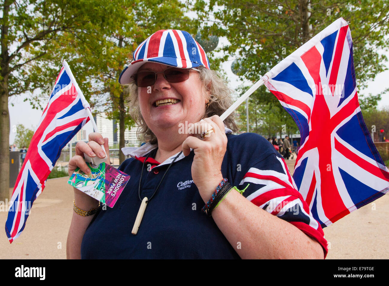 Queen Elizabeth Olympic Park, London, UK. 10th Sep, 2014. Patriotic Tig Hyett heads for the opening ceremony for the Invictus Games, where over 400 competitors from 13 nations will take part in an international sporting event for wounded, injured and sick Servicemen and women. Credit:  Paul Davey/Alamy Live News Stock Photo
