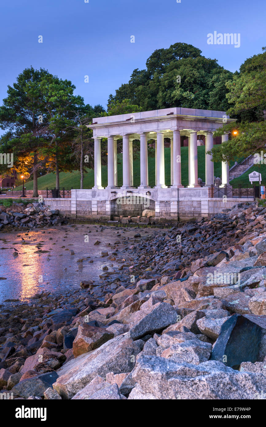 The monument containing the Plymouth Rock, the stone onto which the Mayflower Pilgims disembarked in 1620. Massachusetts - USA. Stock Photo