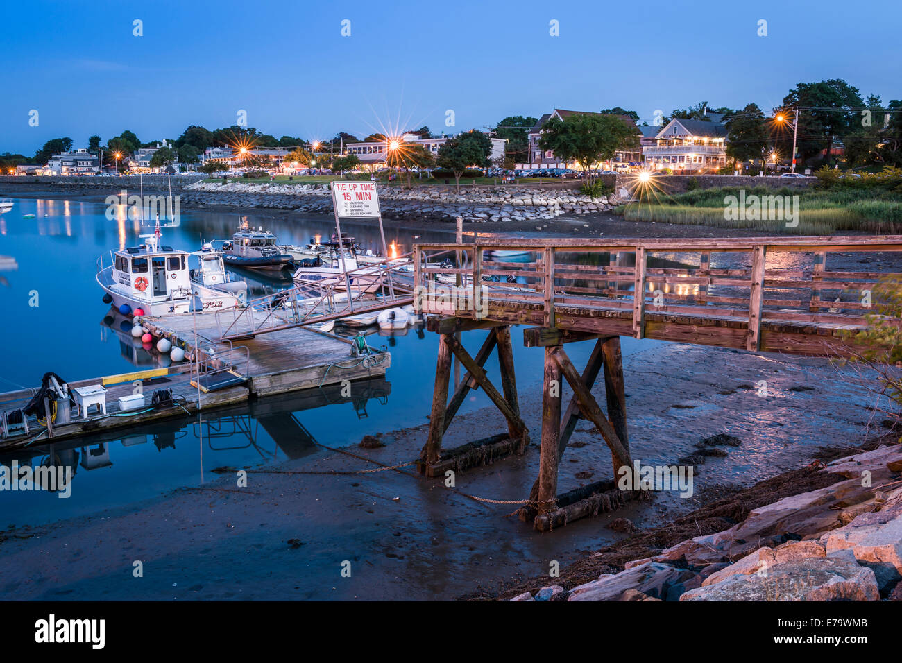 A pontoon leads to the small harbour on the seafront in Plymouth, Massachusetts - USA. Stock Photo