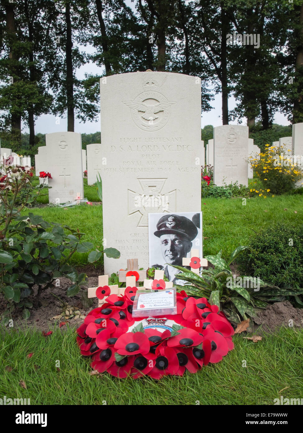 Grave of  Victoria cross recipient flight lieutenant D.S.A Lord the battle of Arnhem war cemetery Oosterbeek. Stock Photo