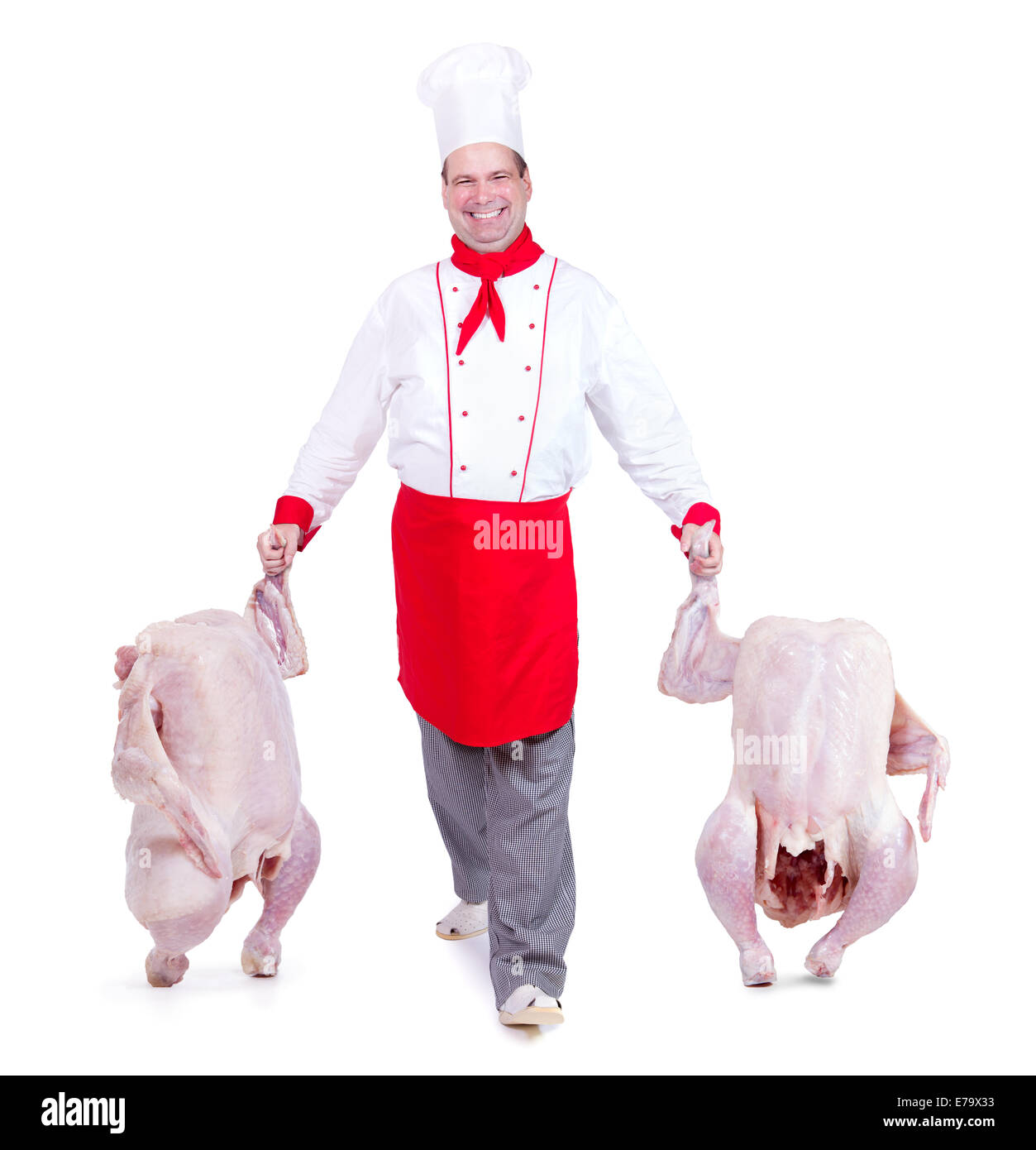Cook leads gutted chickens on a white background Stock Photo