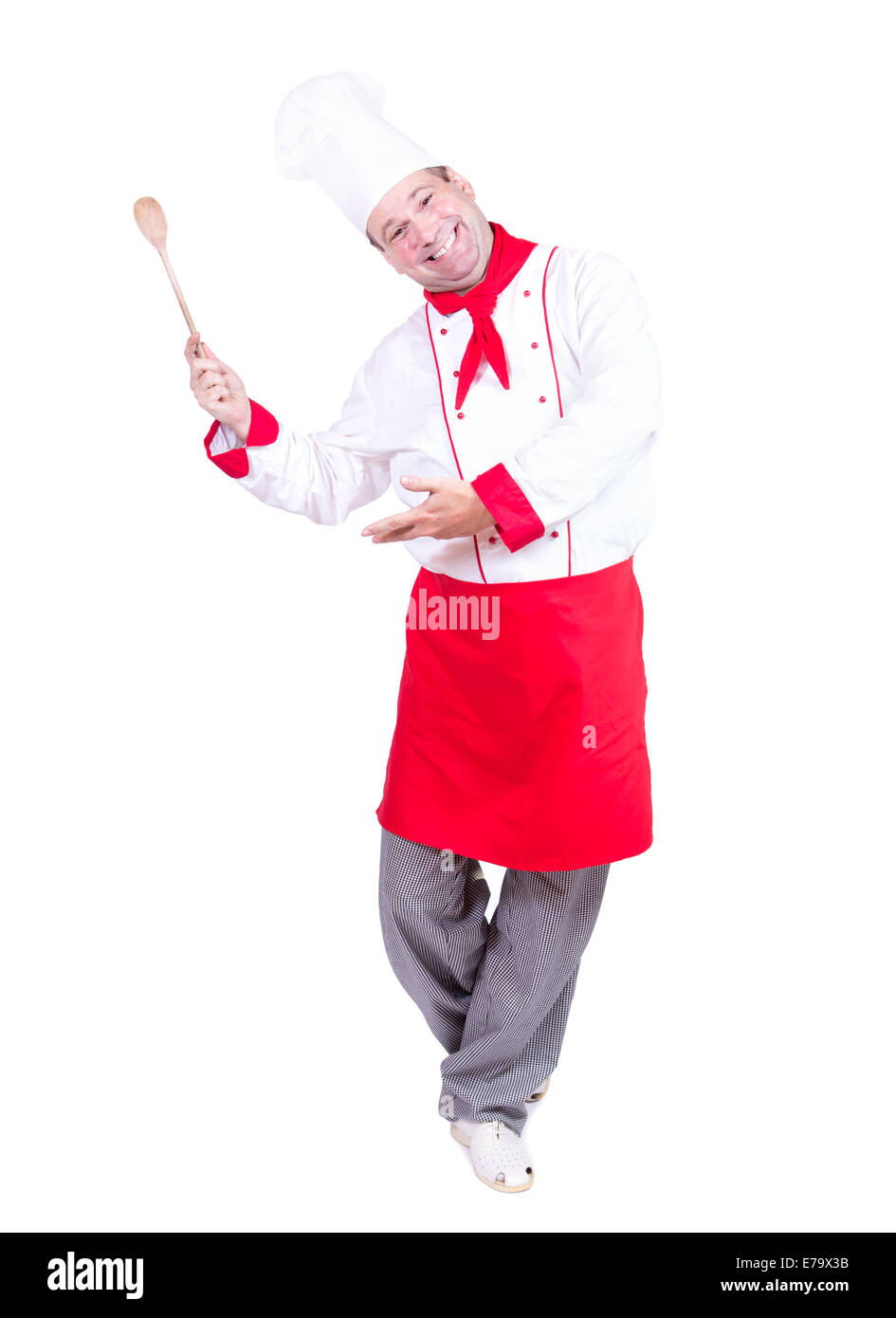 cheerful chef invites isolated on white background Stock Photo