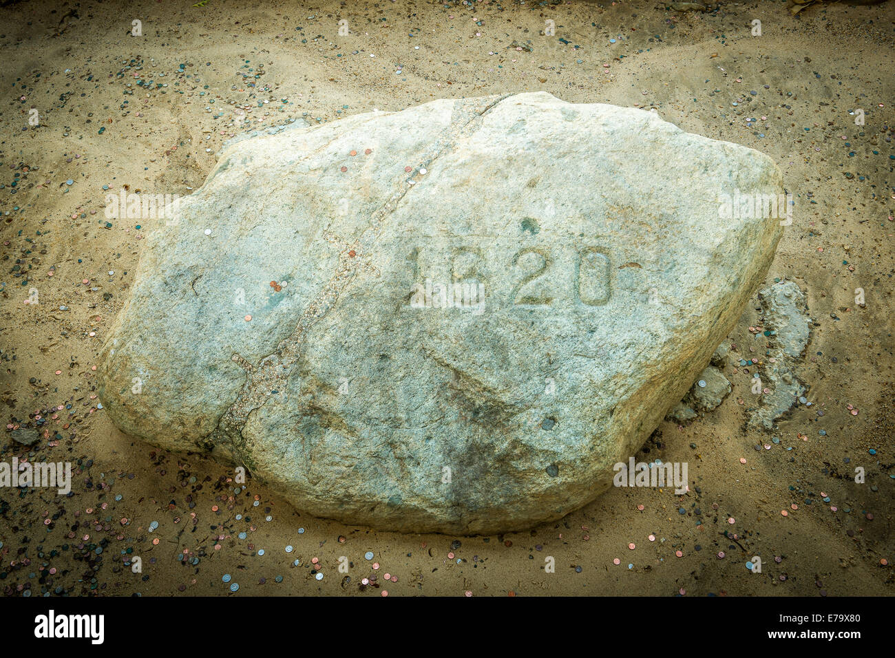 Plymouth Rock, the stone onto which the Mayflower Pilgrims disembarked in 1620. Massachusetts - USA. Stock Photo