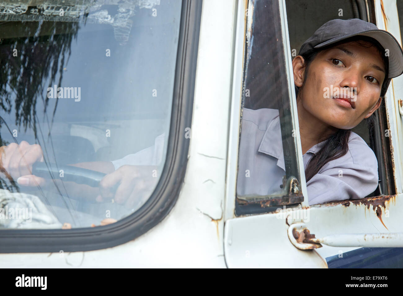 woman truck driver in the car Stock Photo
