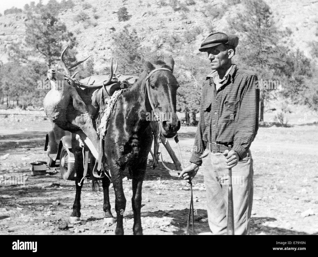 A 1950s deer hunter in the Pecos area of the Sangre de Cristo Mountains near Santa Fe, New Mexico with a pack horse Stock Photo
