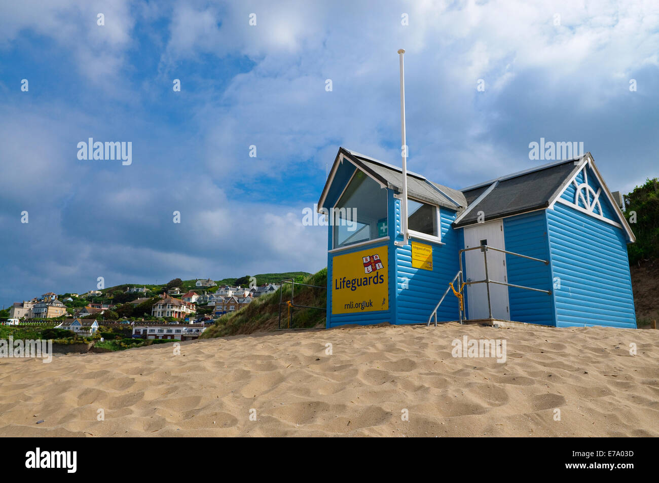 Beach Lifeguard Station in Woolacombe Devon. Woolacombe beach in the morning. Woolacombe is a seaside resort on the coast of Nor Stock Photo