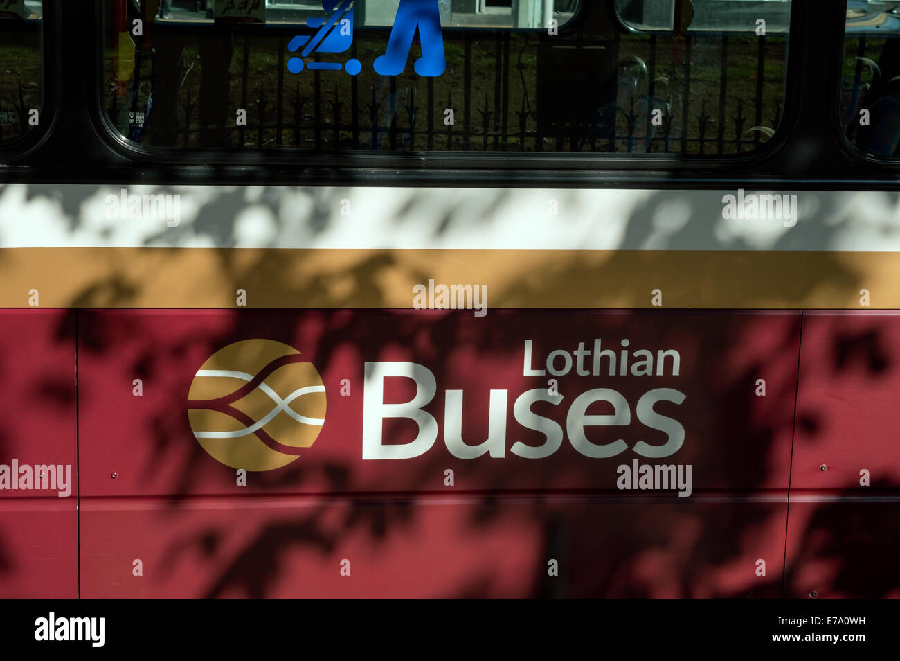 Lothian Buses logo on the side of a bus in Edinburgh city centre Stock Photo