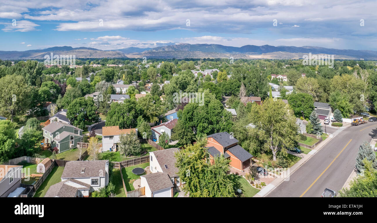 aerial panorama of residential area in Fort Collins, Colorado, with