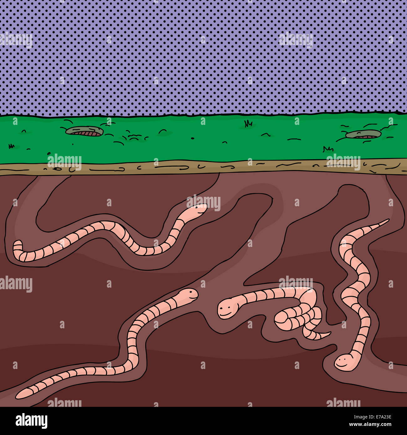 Four cartoon worms digging underground through tunnels Stock Photo