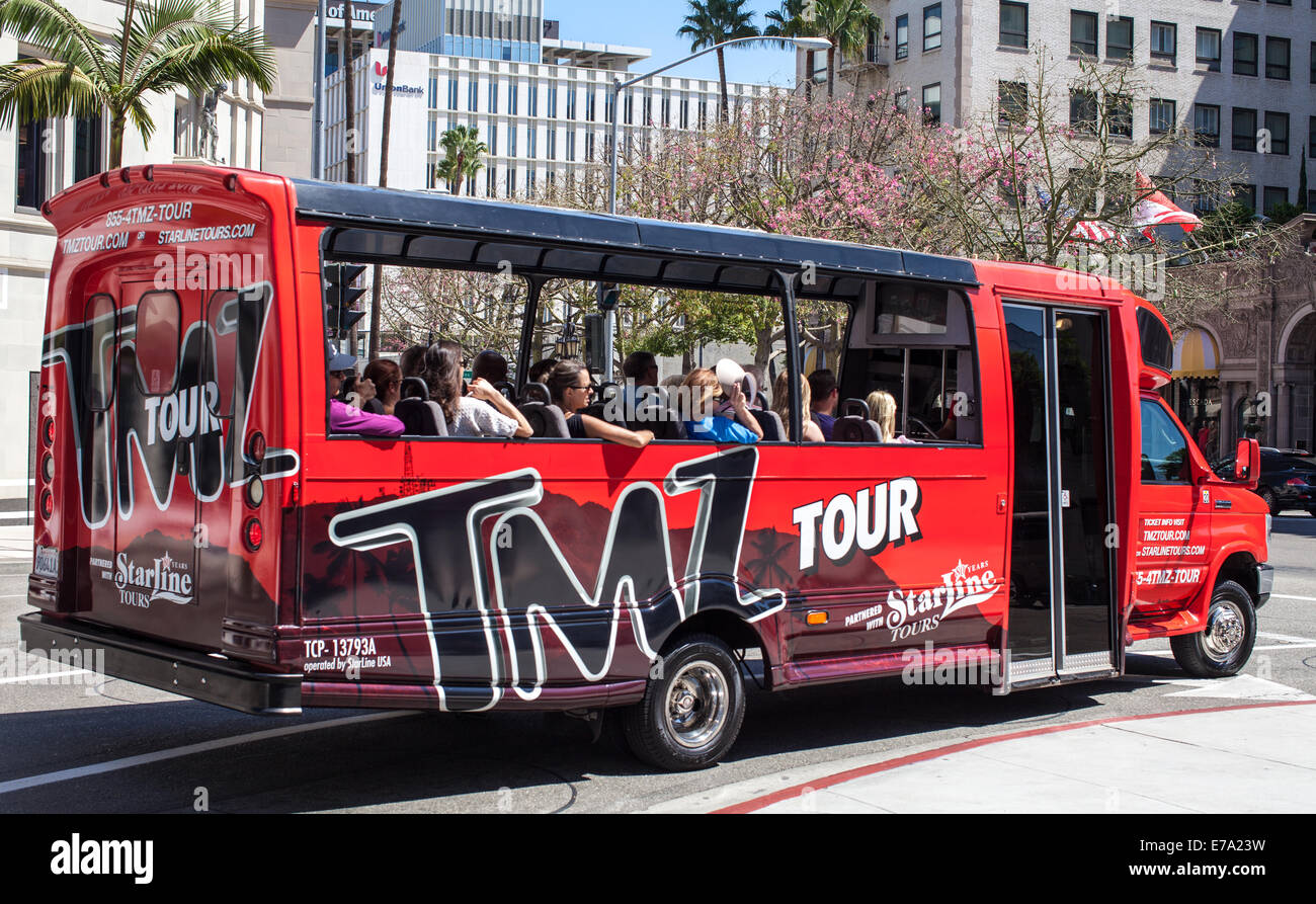 A TMZ tour bus in Beverly Hills. Stock Photo