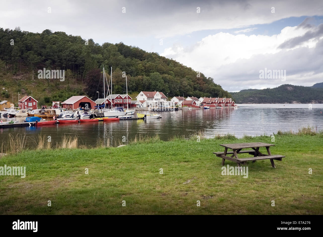 panorama of small beautiful village on lake in Norway Stock Photo - Alamy