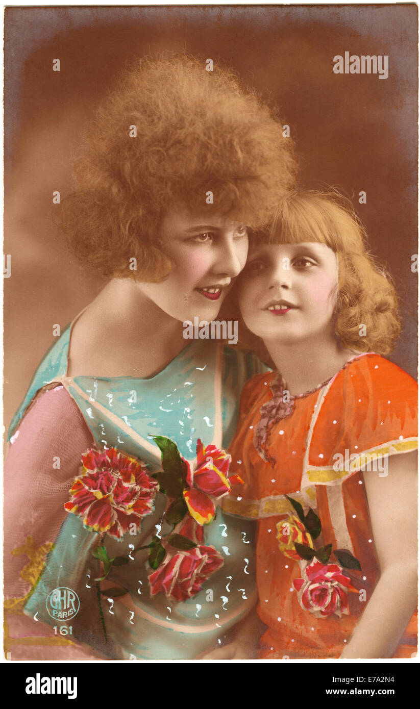 Mother and Daughter with Flowers, Portrait, Hand-Colored French Postcard, circa 1920 Stock Photo