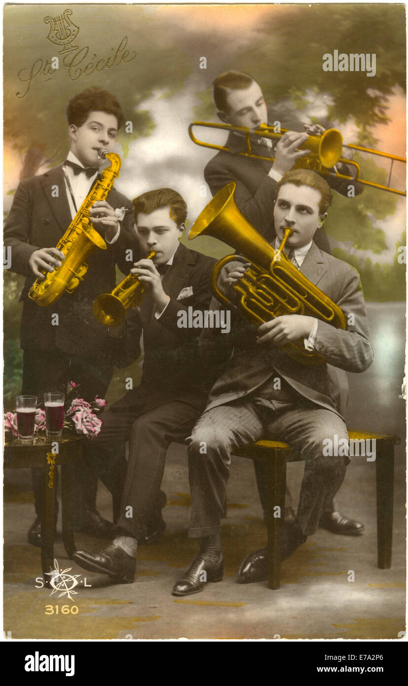 Ste Cecile, Brass Band, Hand-Colored French Postcard, 1918 Stock Photo
