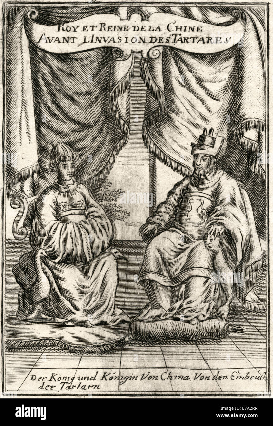 Chongzhen Emperor (1611-1644) 16th and Last Emperor of Ming Dynasty in China, with Empress Zhuang Lie Min, Woodcut, circa 1719 Stock Photo