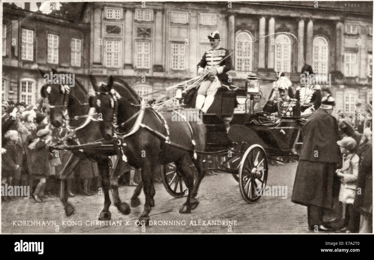 King Christian X in Horse-Drawn Carriage Amongst Large Crowd, Copenhagen, Denmark, circa 1930's, from Postcard Date-Stamped 1938 Stock Photo
