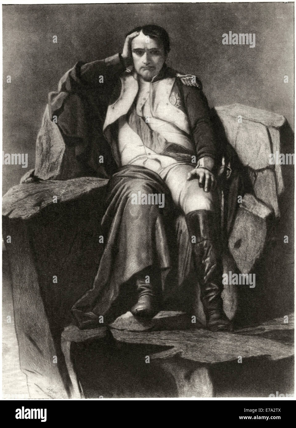 Napoleon at St. Helena, from a Painting by Paul Delaroche, Intaglio-Gravure print by Mentor Assoc, 1913 Stock Photo