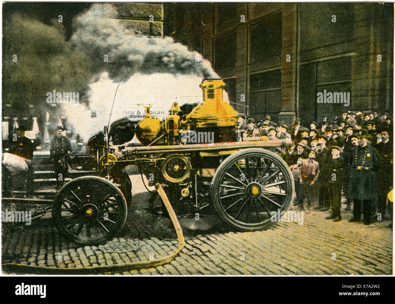Fire Engine at Work, New York City, USA, Hand-Colored Postcard, circa 1910 Stock Photo