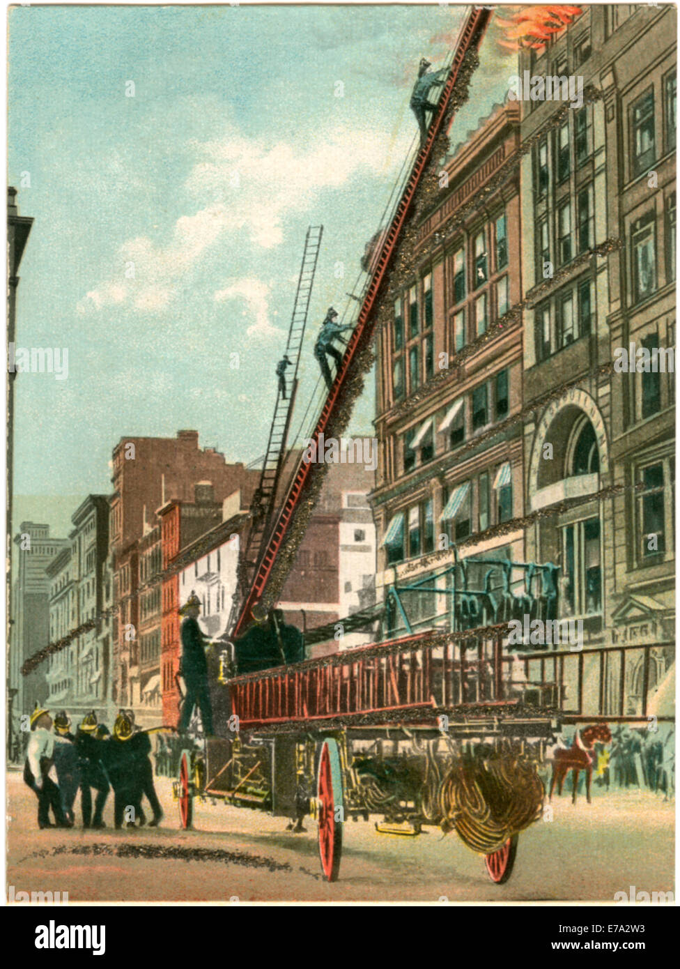 Hook and Ladder in Action, New York City, USA, Postcard, circa 1905 Stock Photo