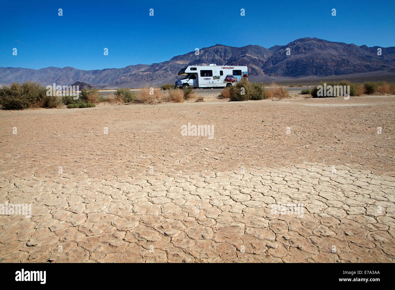 Salt Pan and RV, Panamint Valley, Death Valley National Park, Mojave Desert, California, USA Stock Photo