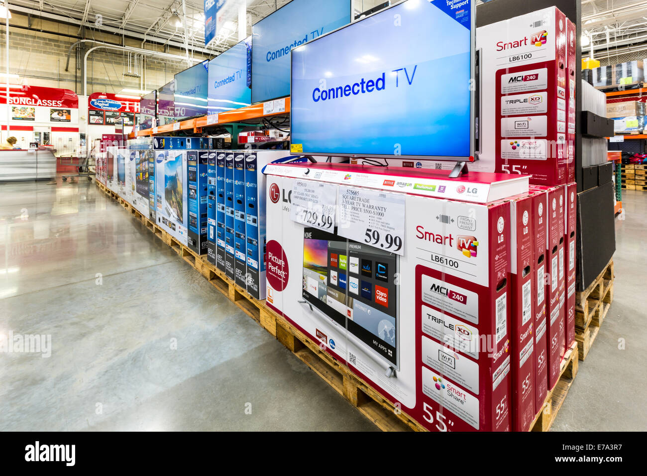 TV aisle in a Costco store. Stock Photo