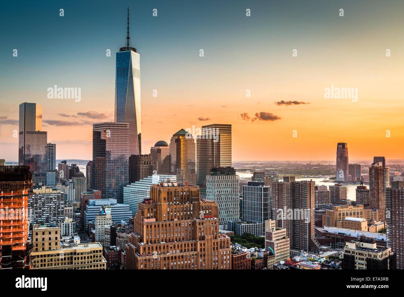 Lower Manhattan skyline at sunset Stock Photo