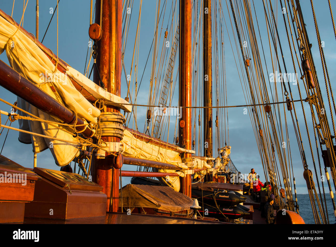 Sailing ship Oosterschelde in Antarctic waters at sunset Stock Photo