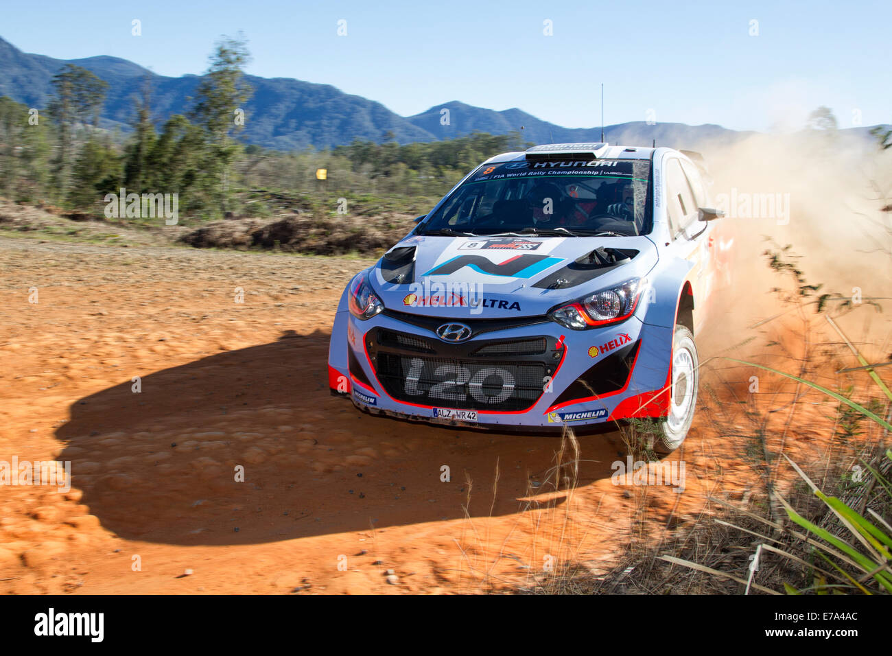 Coffs Harbour, Australia, Thursday, 11 September, 2014. Australian driver Chris Atkinson steers his Hyundai i20 World Rally Championship car through a hairpin corner during final shakedown practice in the lead up to Rally Australia. Atkins and his co-driver Stephane Prevot will be looking to use their home ground advantage over the course of the weekend. Credit:  Russell Hunter/Alamy Live News Stock Photo